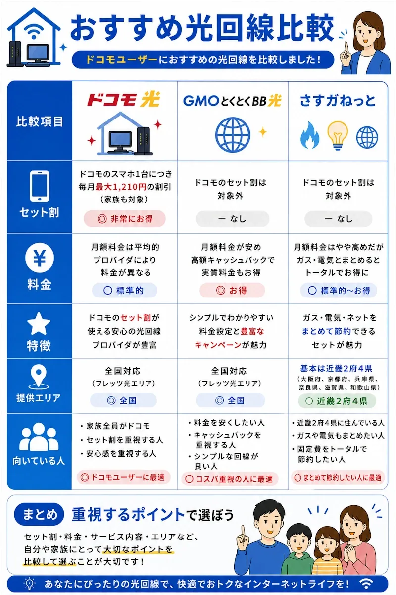 ドコモ光、GMOとくとくBB光、さすガねっとの3社比較表