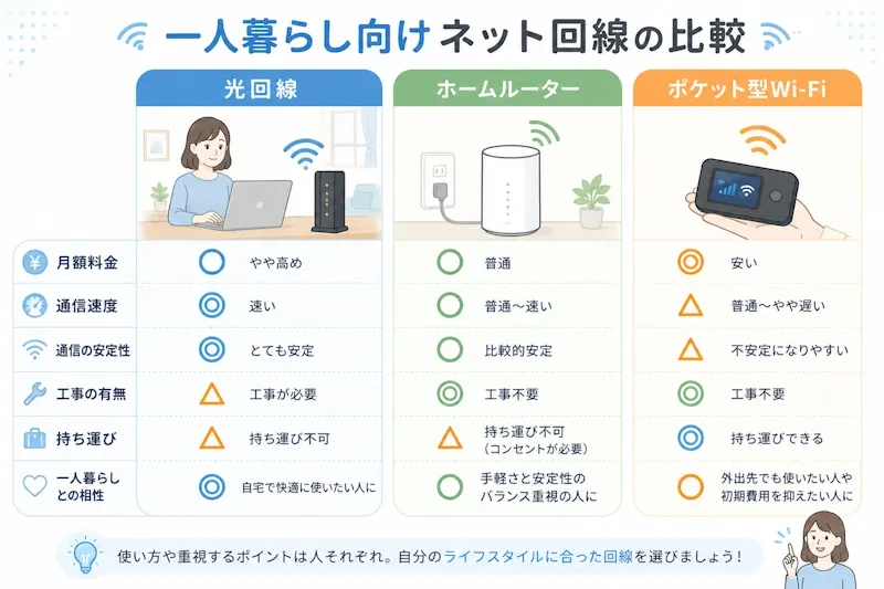 一人暮らし向けネット回線の違いを比較