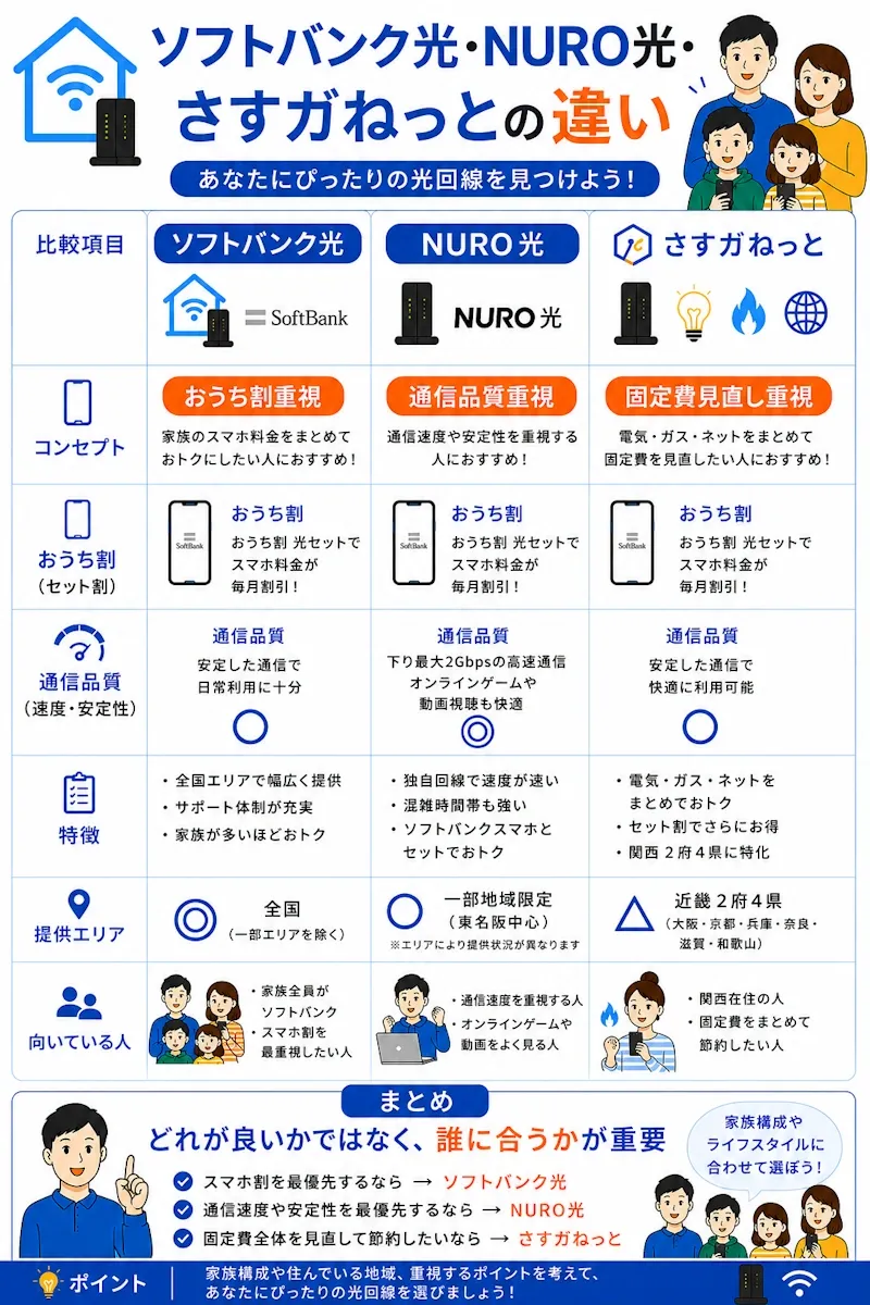 ソフトバンク光・NURO光・さすガねっとの違い