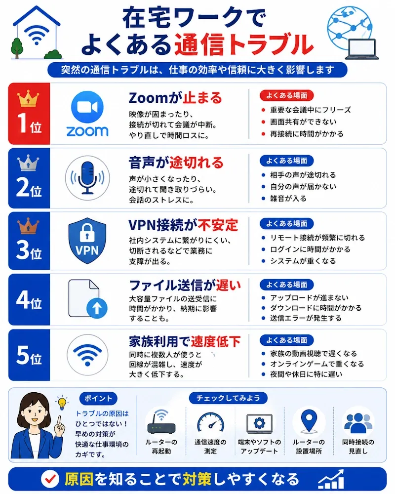 在宅ワークでよくある通信トラブル一覧